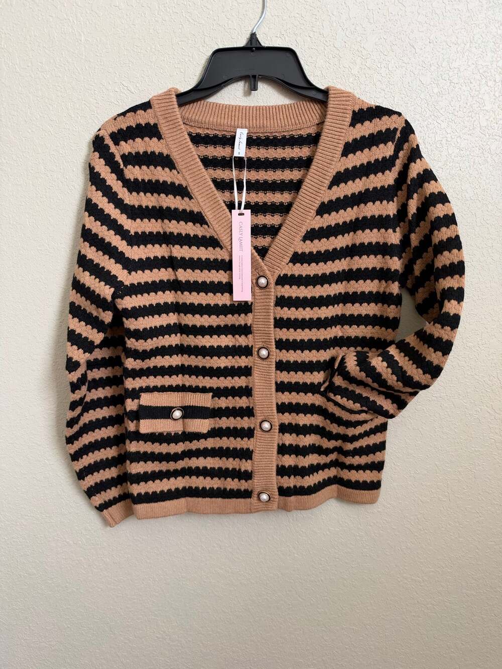 Women's Tan Black Striped Knit Cardigan V Neck Pearl Look Buttons Size Small